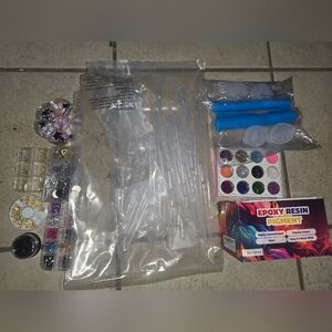 Epoxy Resin Lot Of Liquid Pigment, Eye Droppers, Cabochons, Trays, Rhinestones +